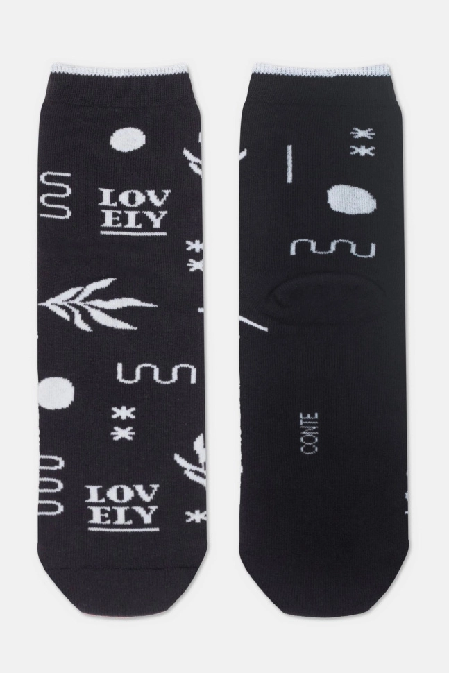 Носки жен,7с-47сп,567(черный,чер,бел листья надписи,), (23-25)