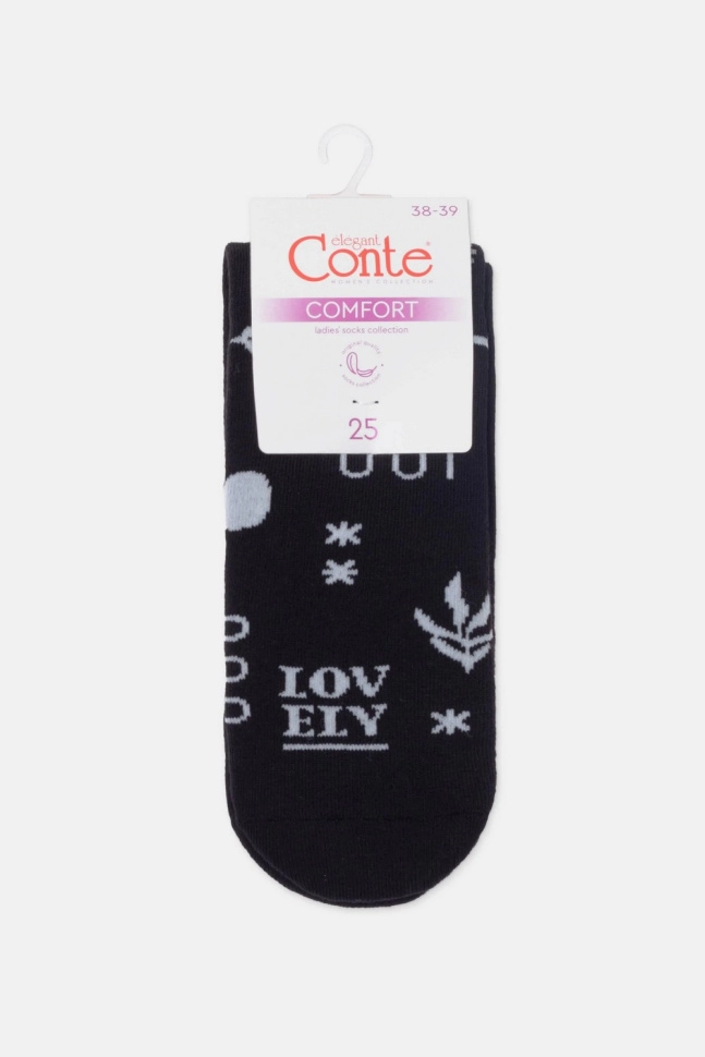 Носки жен,7с-47сп,567(черный,чер,бел листья надписи,), (23-25)