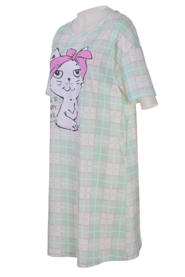 Сорочка ноч жен,в307090,-(пыльная клетка св.изумрудная,зел-св,,кошечка с бантиком), (46-158,164)
