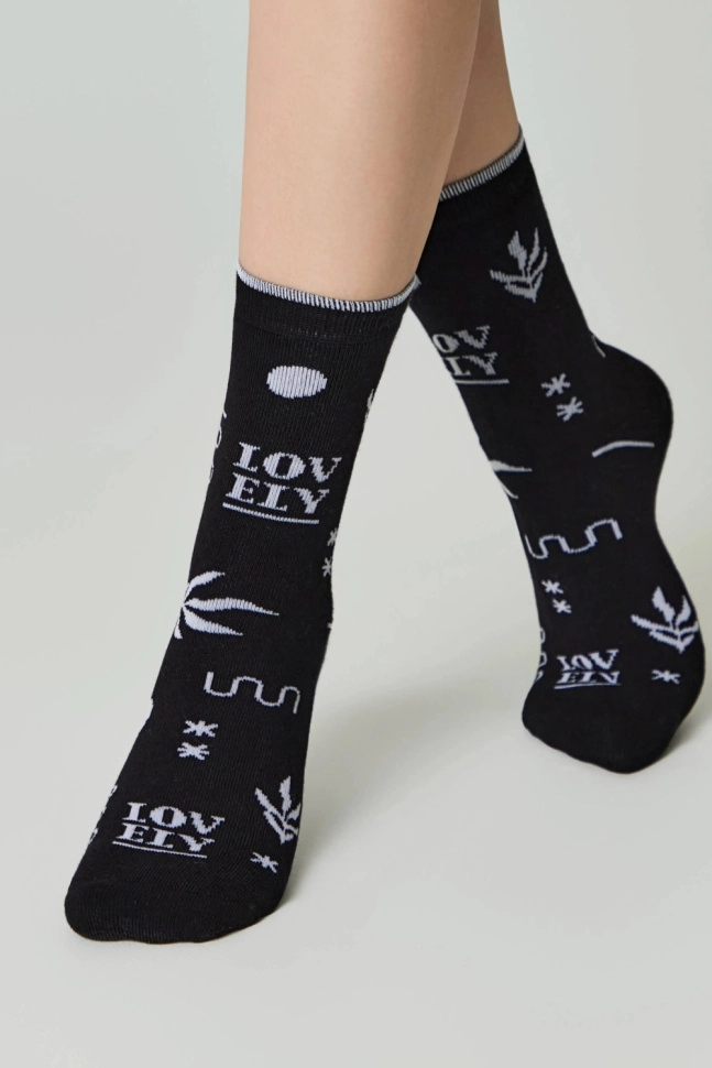 Носки жен,7с-47сп,567(черный,чер,бел листья надписи,), (23-25)