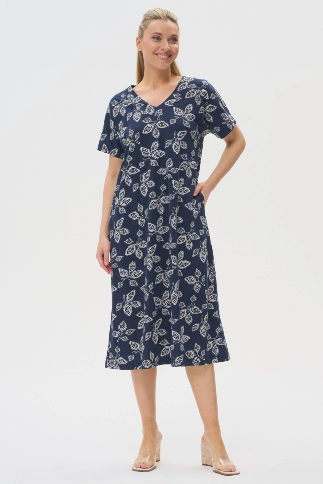 Платье жен,n0900,n0900-p59.5s11(тёмно-синий,син-т,,беж листья), (48-164)