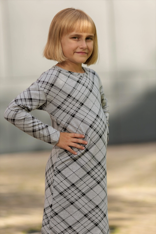 Платье дев,s0651,s0652,s0651/1,s0652/1(серый меланж с рис. 27711,сермел,,чер косая клетка), (36-146)